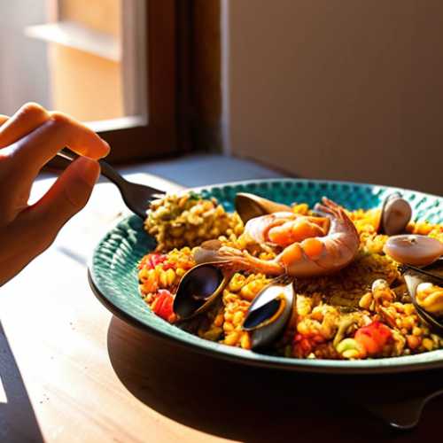 **A person mindfully observing a colorful plate of paella before eating, sunlight streaming through a window.** (Focuses on the sensory experience of mindful eating)