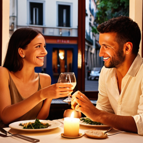 **

Prompt:  A couple sharing a romantic dinner at a cozy restaurant in Madrid. Focus on the non-verbal cues: eye contact, smiles, and gentle hand-touching. Soft lighting, candles on the table. Emphasis on creating an atmosphere of intimacy and connection. The food itself is secondary, more about the shared experience.

**