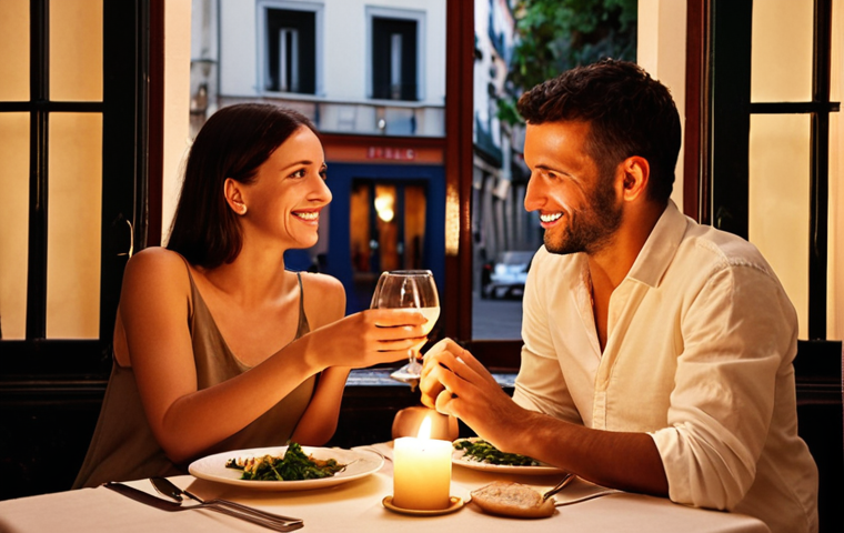**
Prompt: A couple sharing a romantic dinner at a cozy restaurant in Madrid. Focus on the non-verbal cues: eye contact, smiles, and gentle hand-touching. Soft lighting, candles on the table. Emphasis on creating an atmosphere of intimacy and connection. The food itself is secondary, more about the shared experience.
**
