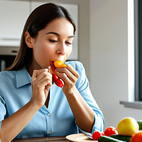 A focused adult woman with a serene expression, gently bringing a forkful of vibrant, healthy food to her mouth. She is dressed in modest, professional attire, seated at a clean, modern dining table in a sunlit kitchen. The table is neatly set with a colorful, balanced meal, showcasing fresh vegetables and lean protein. The background is softly blurred, emphasizing her calm demeanor. The atmosphere is peaceful and reflective, highlighting the act of savoring. Perfect anatomy, correct proportions, natural pose, well-formed hands, proper finger count, natural body proportions, professional photography, high quality, studio lighting, safe for work, appropriate content, fully clothed, modest clothing, family-friendly.