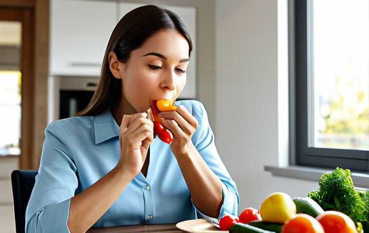 A focused adult woman with a serene expression, gently bringing a forkful of vibrant, healthy food to her mouth. She is dressed in modest, professional attire, seated at a clean, modern dining table in a sunlit kitchen. The table is neatly set with a colorful, balanced meal, showcasing fresh vegetables and lean protein. The background is softly blurred, emphasizing her calm demeanor. The atmosphere is peaceful and reflective, highlighting the act of savoring. Perfect anatomy, correct proportions, natural pose, well-formed hands, proper finger count, natural body proportions, professional photography, high quality, studio lighting, safe for work, appropriate content, fully clothed, modest clothing, family-friendly.