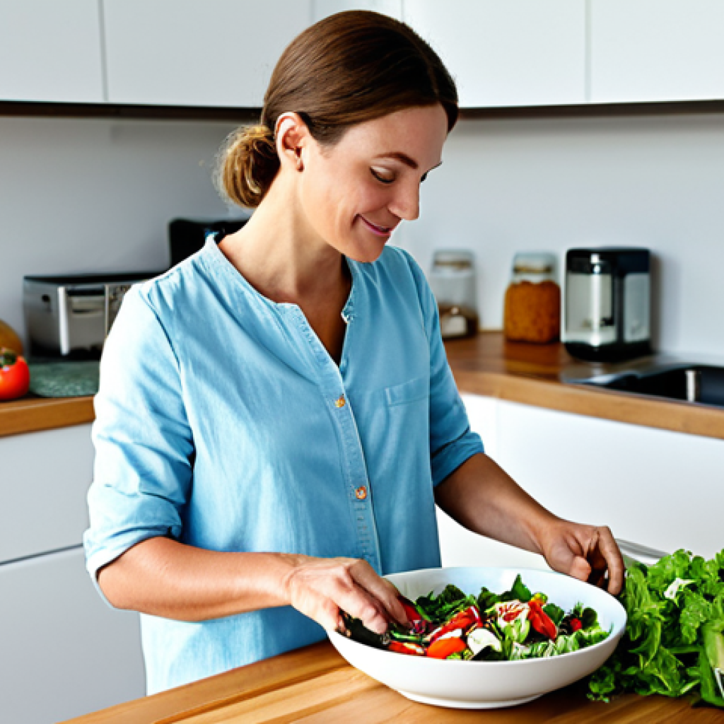 Preparing a Mindful Meal**
A serene woman in a brightly lit kitchen, fully clothed in comfortable, modest clothing, carefully preparing a colorful salad with fresh, local ingredients. The scene is peaceful and inviting, showcasing vibrant vegetables. Emphasis on natural light and a clean, organized space. Focus on the woman's calm expression as she engages with the food. Safe for work, appropriate content, family-friendly, professional photography, perfect anatomy, natural proportions, well-formed hands.
**