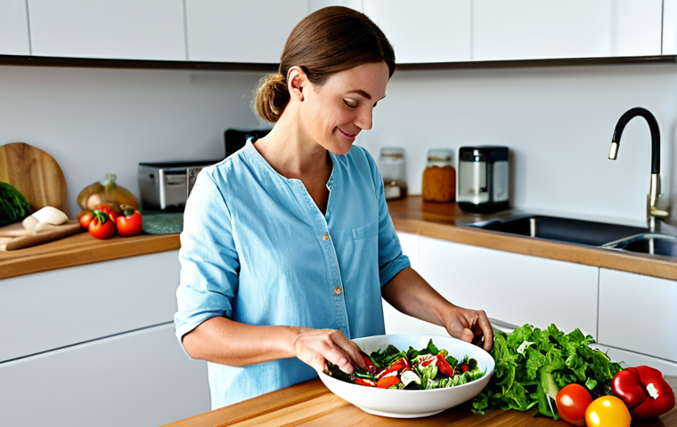 Preparing a Mindful Meal**
A serene woman in a brightly lit kitchen, fully clothed in comfortable, modest clothing, carefully preparing a colorful salad with fresh, local ingredients. The scene is peaceful and inviting, showcasing vibrant vegetables. Emphasis on natural light and a clean, organized space. Focus on the woman's calm expression as she engages with the food. Safe for work, appropriate content, family-friendly, professional photography, perfect anatomy, natural proportions, well-formed hands.
**