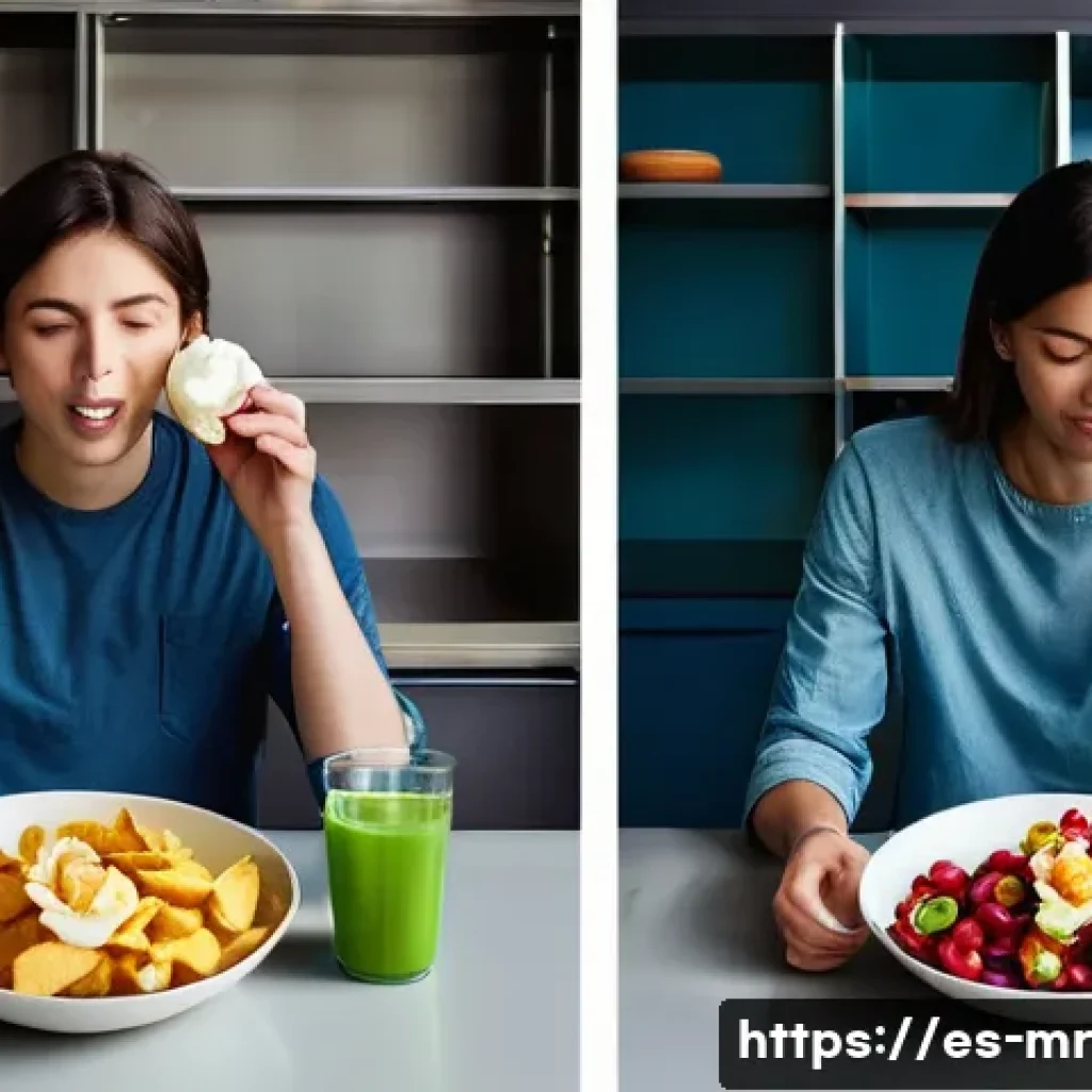 의식적 식사법을 통한 자기 인식 향상 - **Prompt:** A split image illustrating the contrast between emotional eating and mindful eating in a...