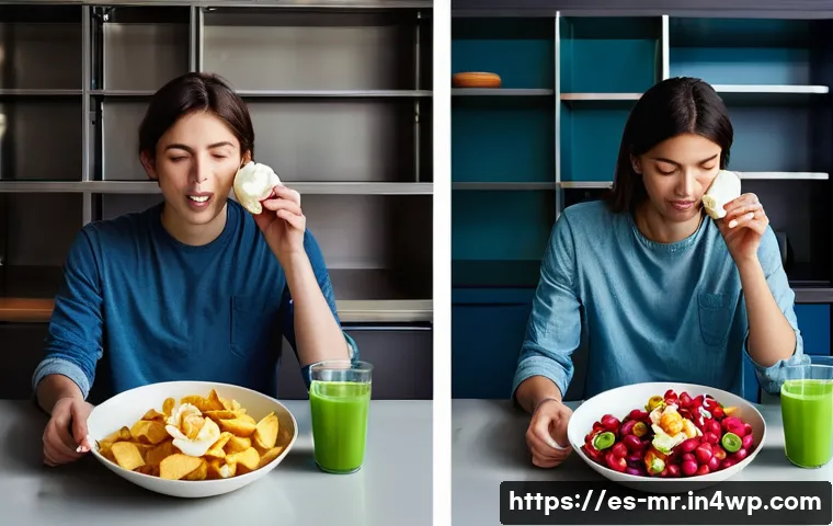 의식적 식사법을 통한 자기 인식 향상 - **Prompt:** A split image illustrating the contrast between emotional eating and mindful eating in a...