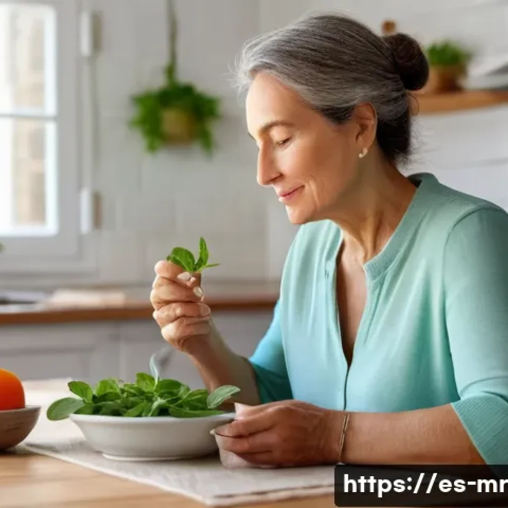 의식적 식사법을 통한 소화 개선 - A serene dining scene in a bright, cozy Spanish kitchen with natural sunlight streaming through a wi...
