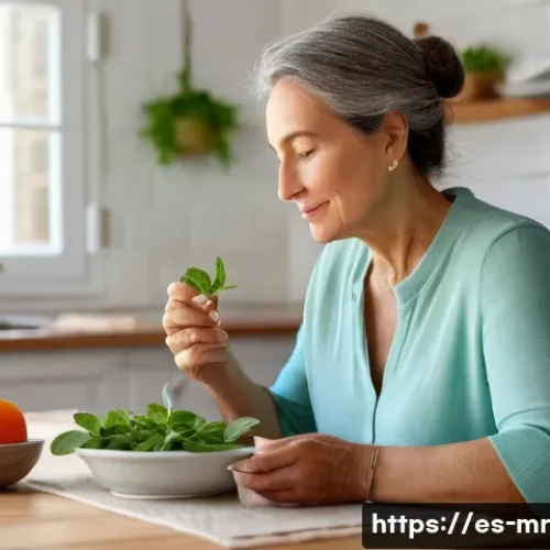 의식적 식사법을 통한 소화 개선 - A serene dining scene in a bright, cozy Spanish kitchen with natural sunlight streaming through a wi...