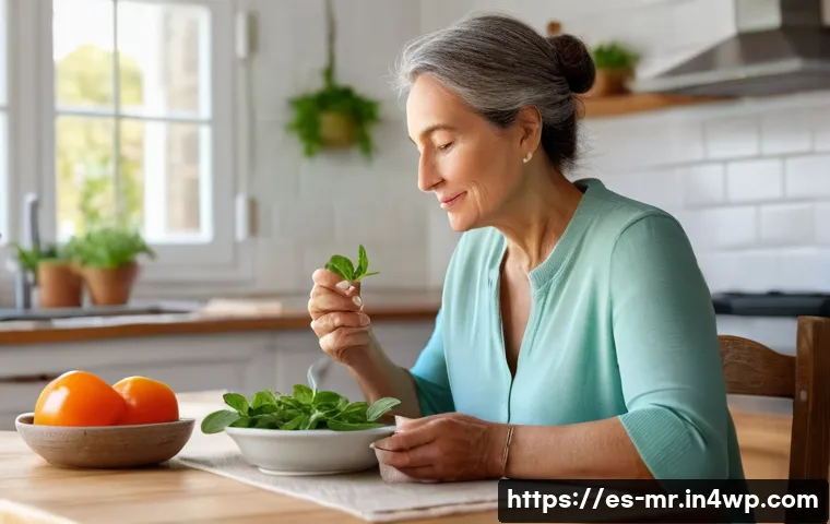 의식적 식사법을 통한 소화 개선 - A serene dining scene in a bright, cozy Spanish kitchen with natural sunlight streaming through a wi...