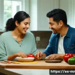 의식적 식사법과 연애 관계 - A Hispanic couple sitting at a cozy dining table in a warmly lit kitchen, preparing a simple traditi...