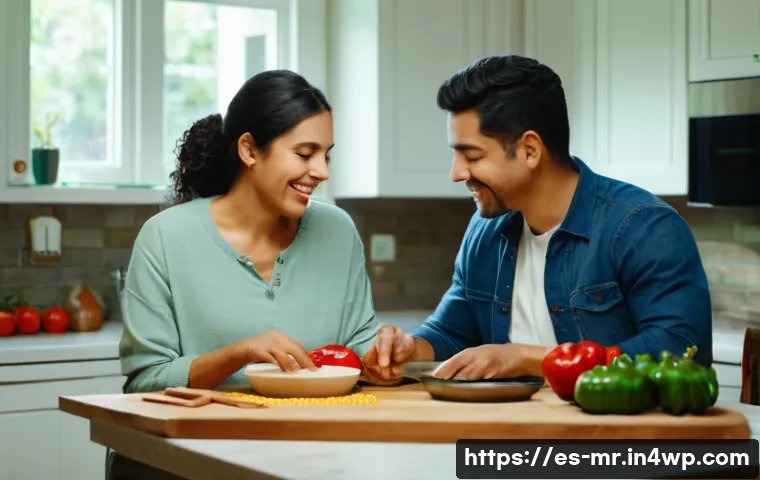 의식적 식사법과 연애 관계 - A Hispanic couple sitting at a cozy dining table in a warmly lit kitchen, preparing a simple traditi...