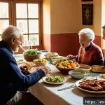 의식적 식사법과 세대 간의 차이 - A warm and inviting family dining scene in a Spanish home, showcasing three generations gathered aro...