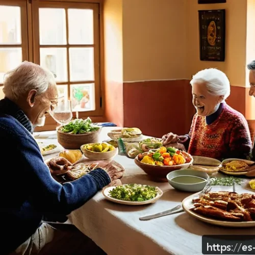 의식적 식사법과 세대 간의 차이 - A warm and inviting family dining scene in a Spanish home, showcasing three generations gathered aro...
