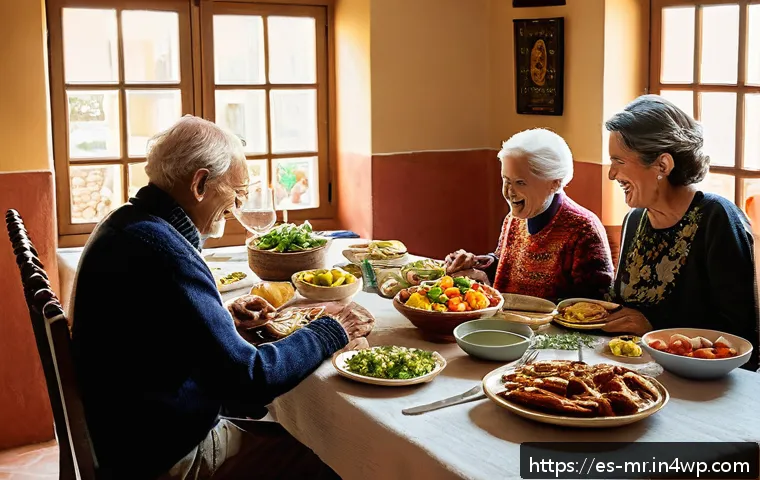 의식적 식사법과 세대 간의 차이 - A warm and inviting family dining scene in a Spanish home, showcasing three generations gathered aro...