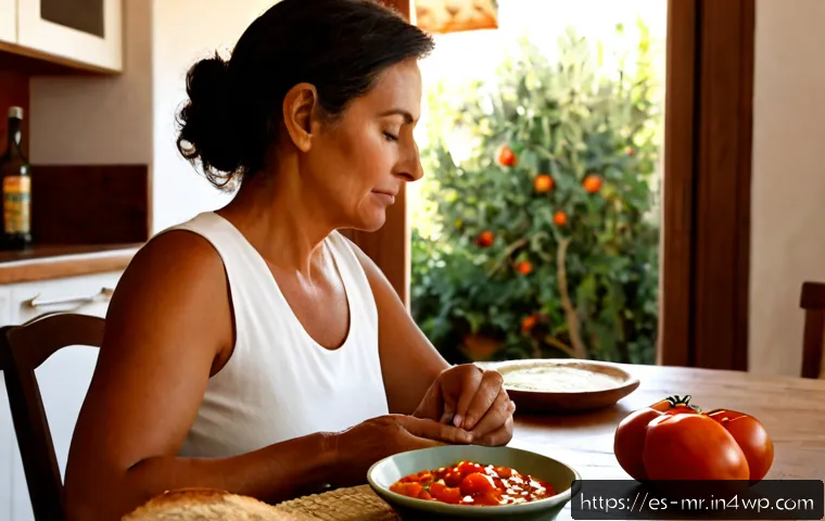 의식적 식사법과 mindfulness - Photorealistic mindful eating scene in a sunlit Spanish home kitchen, middle-aged woman seated at a ...